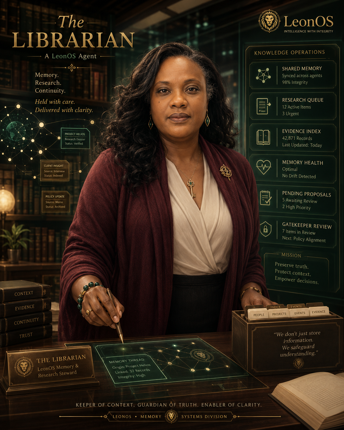 The Librarian LeonOS agent identity artwork in a digital archive.